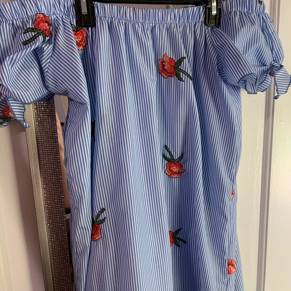 Off the shoulder blue striped dress